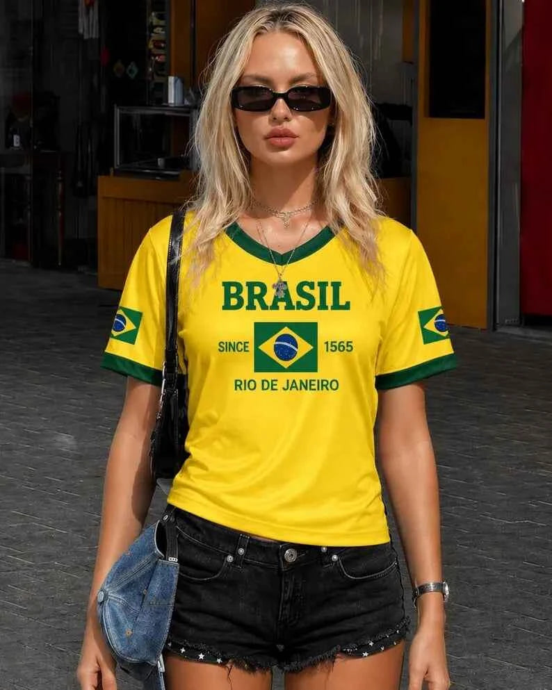 Women Brasil 00 Soccer Jersey Retro V-Neck Short Sleeve Breathable Mesh Loose Fit Y2K Streetwear Casual Football Shirt