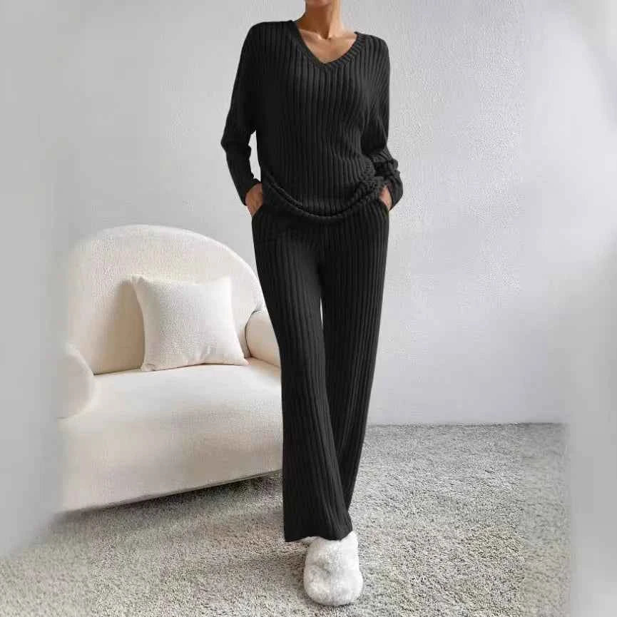 Fashionable Knitted Two-Piece Set Casual V-Neck Long Pants Autumn Winter New Style Loose Fit Korean Style Comfortable Polyester