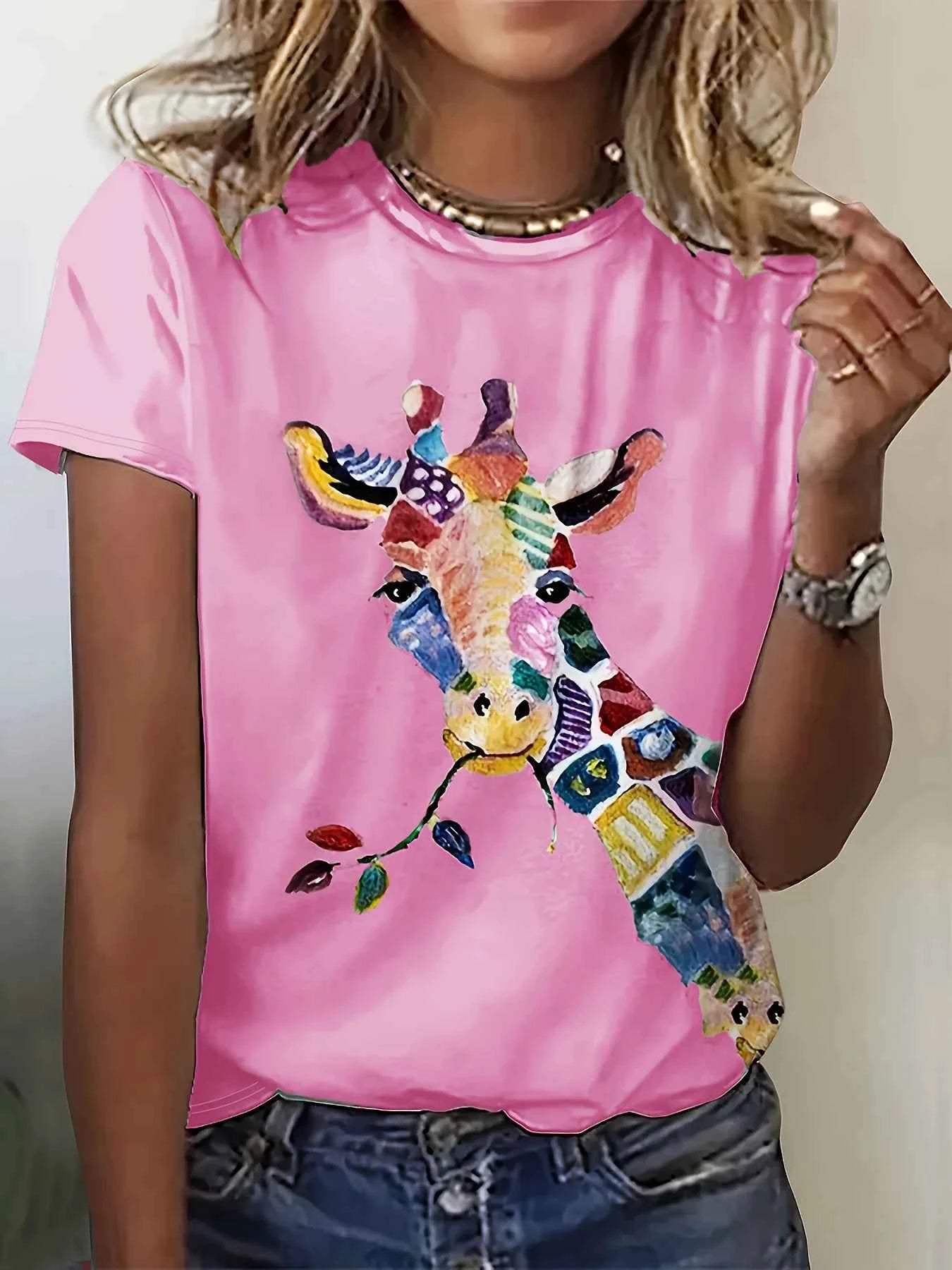 Colorful Abstract Giraffe Women's Tee - Vibrant Patterned Graphic, Artistic Animal Print for Casual Daily Wear