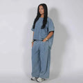  Loose Denim 2 Piece Sets Women Outfit Oversize O-neck Half Sleeve Top Wide Leg Pant Suit 2026 Summer Casual Lady Matching Set