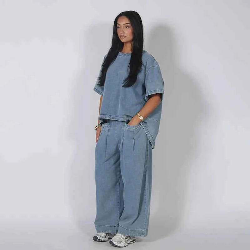 Loose Denim 2 Piece Sets Women Outfit Oversize O-neck Half Sleeve Top Wide Leg Pant Suit 2026 Summer Casual Lady Matching Set