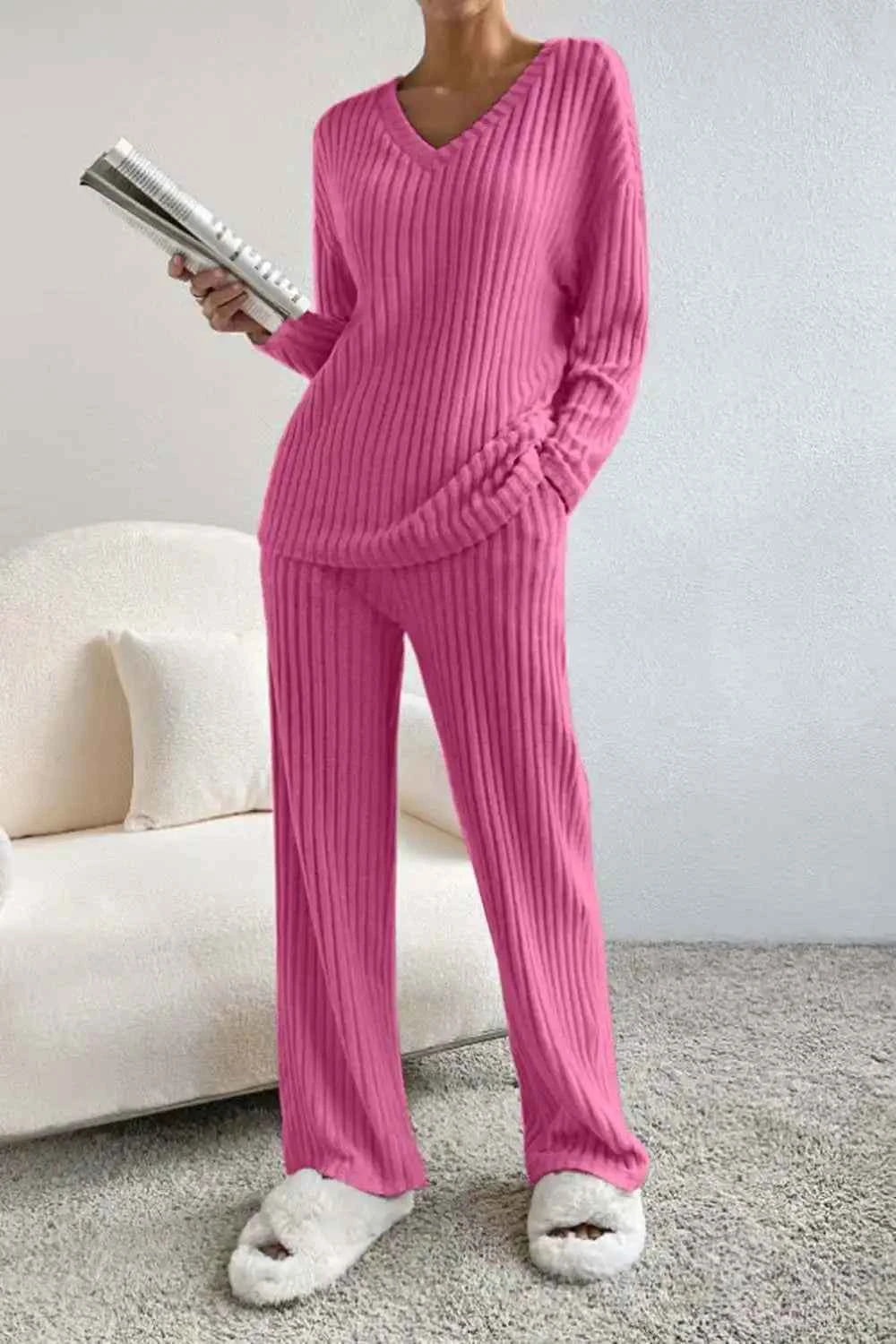 Fashionable Knitted Two-Piece Set Casual V-Neck Long Pants Autumn Winter New Style Loose Fit Korean Style Comfortable Polyester