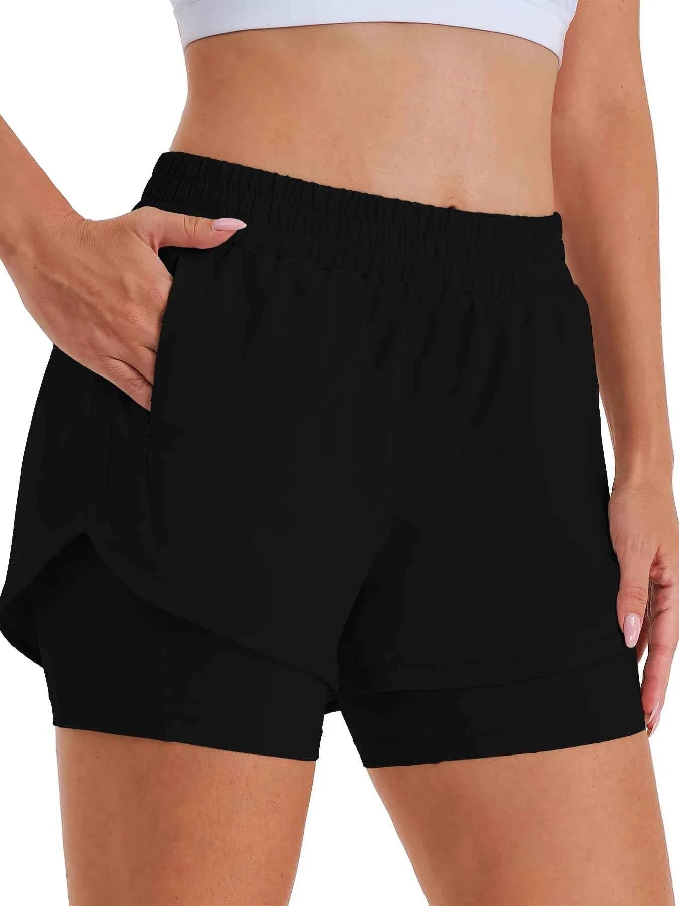 Women's 2-in-1 Casual Sports Shorts Running Shorts High Waist Sports Gym Sports Shorts with Lined Zipper Pockets