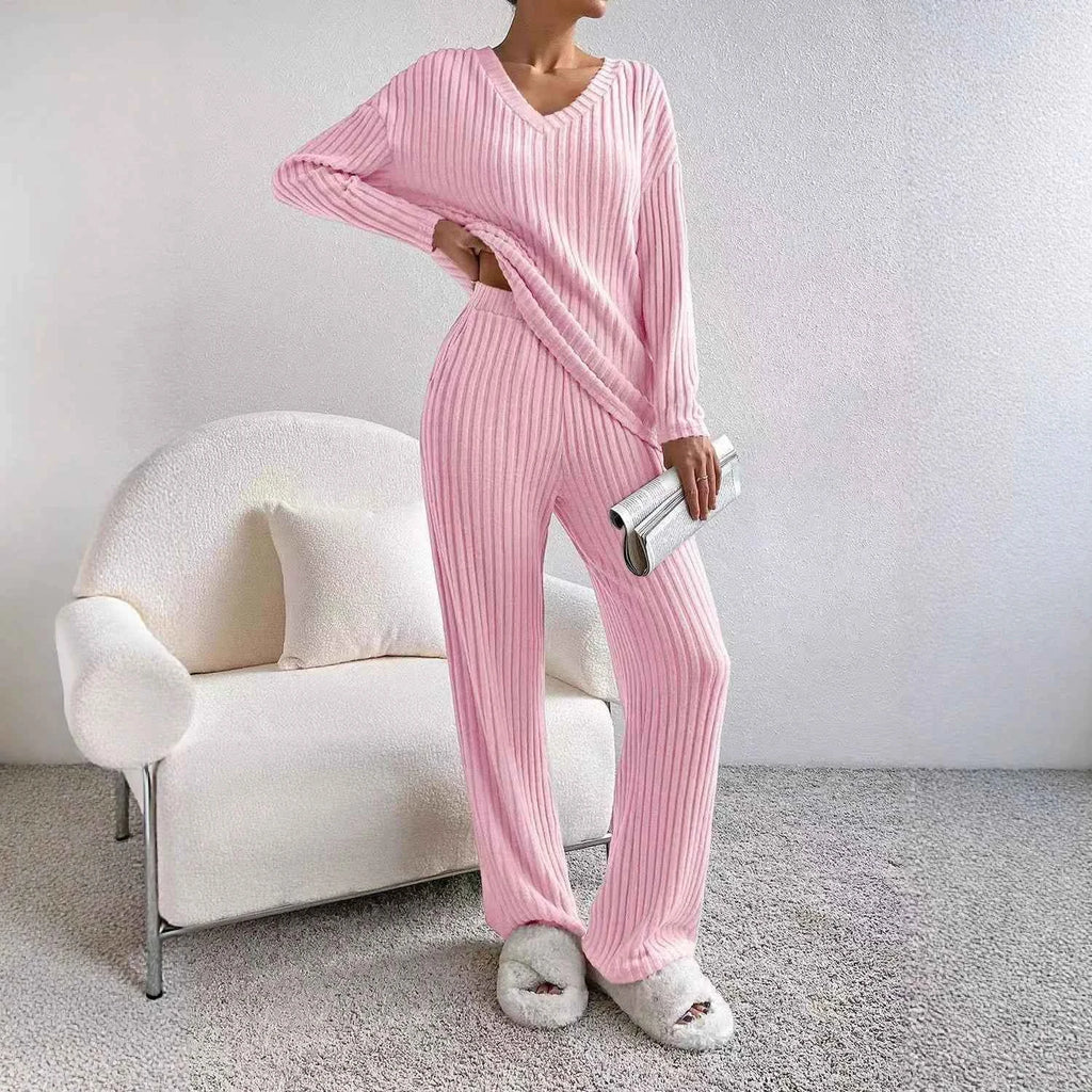 Fashionable Knitted Two-Piece Set Casual V-Neck Long Pants Autumn Winter New Style Loose Fit Korean Style Comfortable Polyester