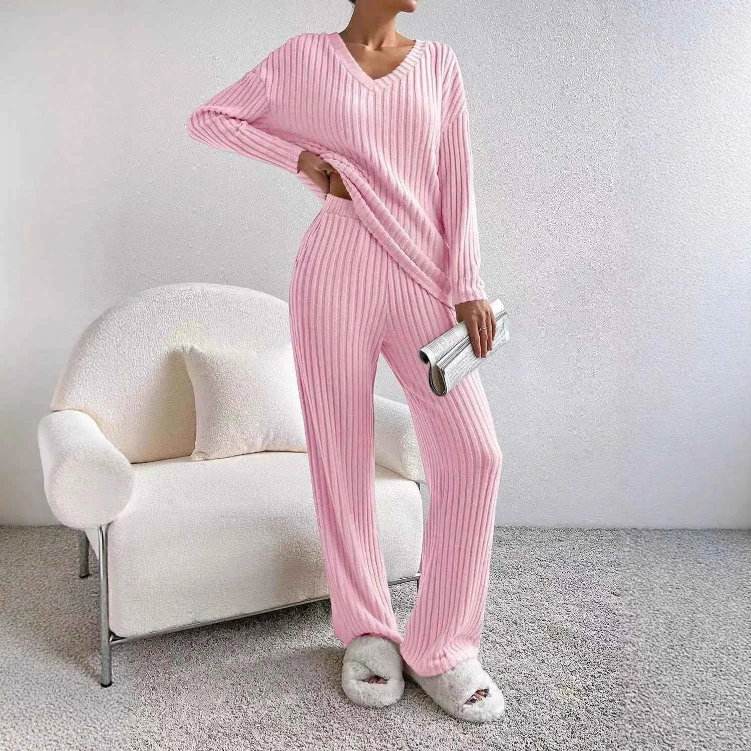 Fashionable Knitted Two-Piece Set Casual V-Neck Long Pants Autumn Winter New Style Loose Fit Korean Style Comfortable Polyester