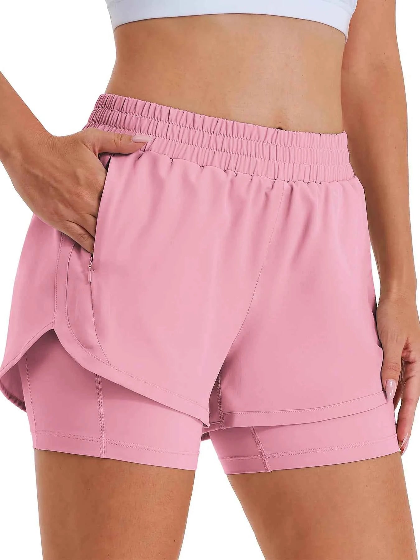 Women's 2-in-1 Casual Sports Shorts Running Shorts High Waist Sports Gym Sports Shorts with Lined Zipper Pockets