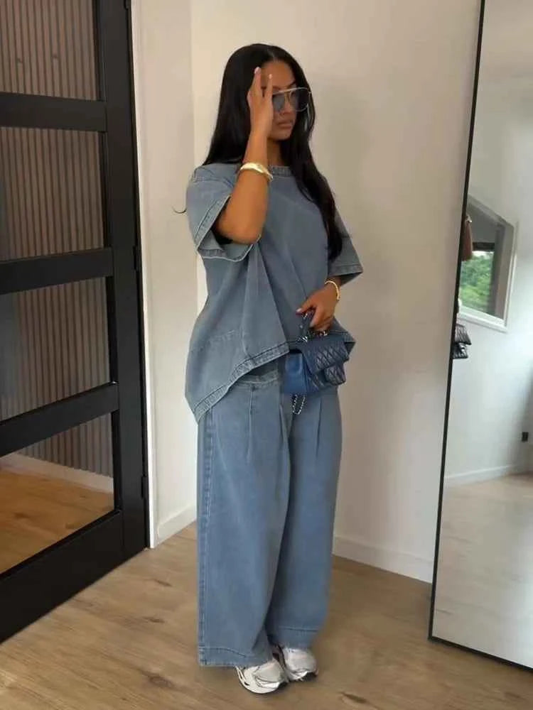  Loose Denim 2 Piece Sets Women Outfit Oversize O-neck Half Sleeve Top Wide Leg Pant Suit 2026 Summer Casual Lady Matching Set