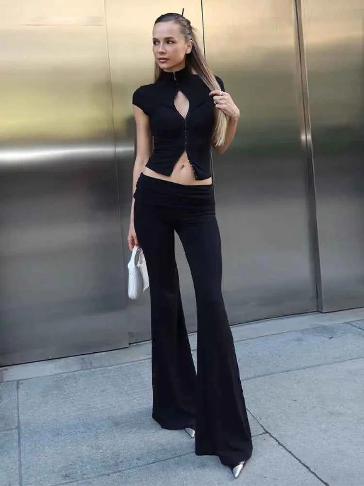 Y2k Black Hollow Out Slit Dress Women Solid Short Sleeve High Neck Slim Fit Maxi Dresses Lady Fashion Evening Party Club Robe