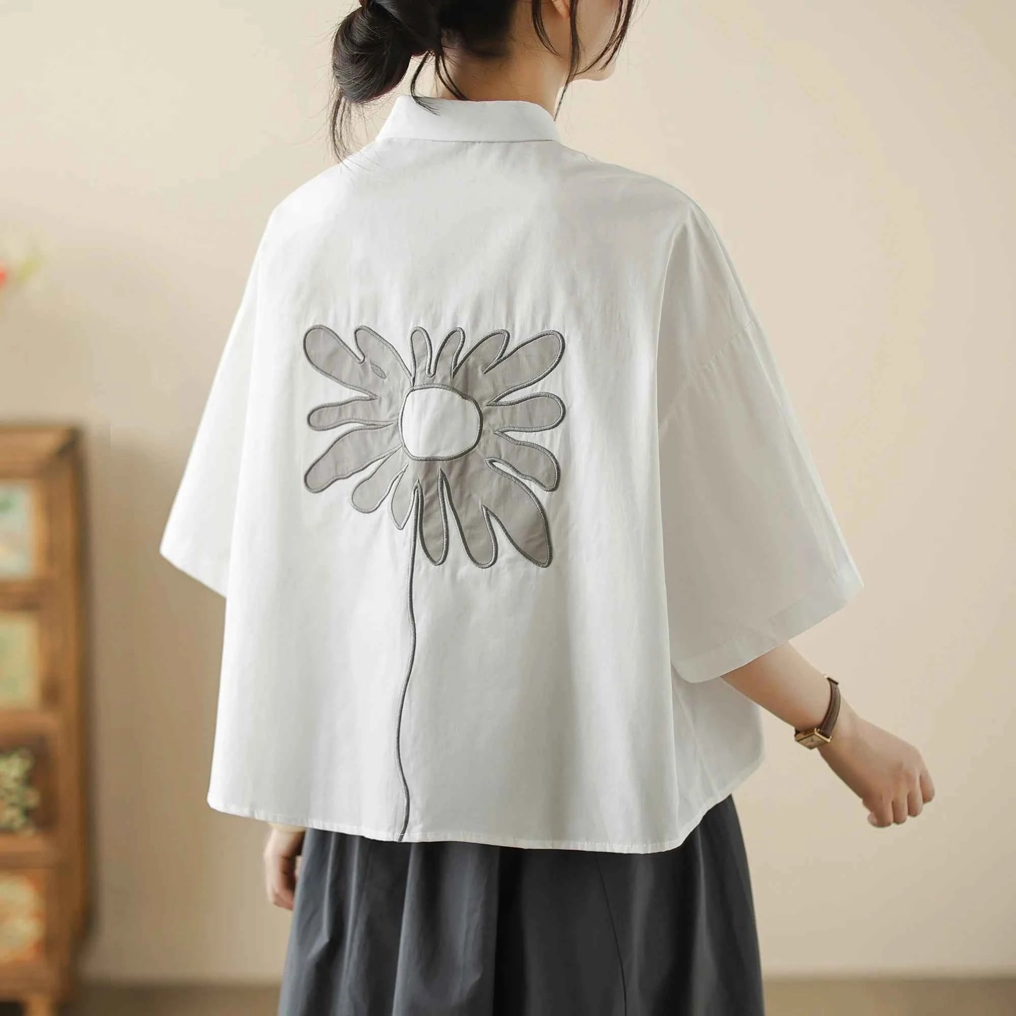 High-End Korean Japanese Artistic ort Sve Cotton Linen Embroidered irt Summer Wear Pear ape Fitting Women's Top