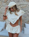 Women Solid 2 Piece Set Sleeveless Fringe Trim Triangle Wrap Crop Top Elastic Waist Bubble Mini Shorts Vacation Beach Outfit