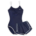 Sports Navy Blue Two-piece Swimsuit Set with Suspenders and High Waisted Shorts Suitable for Beach Swimming Pool Training
