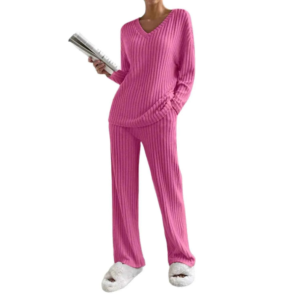 Fashionable Knitted Two-Piece Set Casual V-Neck Long Pants Autumn Winter New Style Loose Fit Korean Style Comfortable Polyester