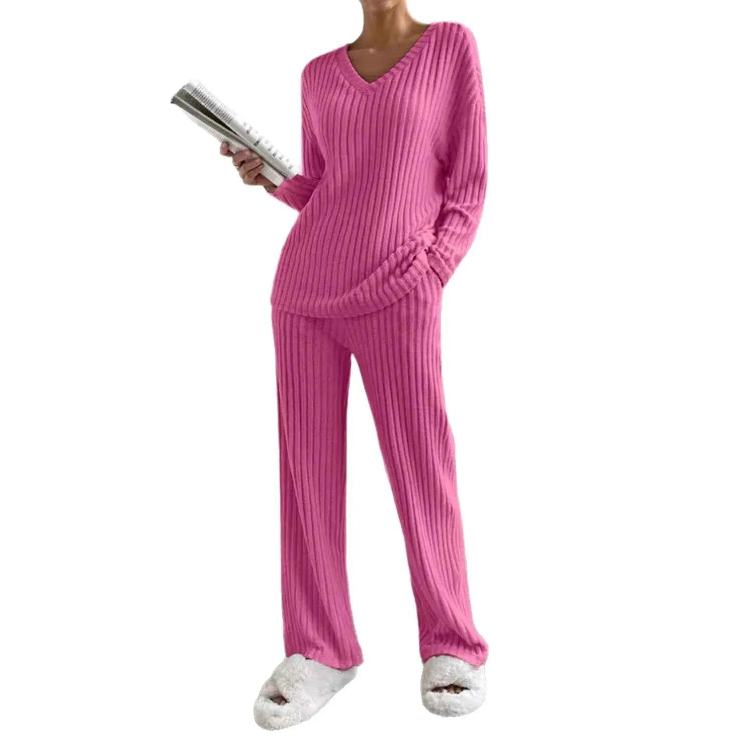 Fashionable Knitted Two-Piece Set Casual V-Neck Long Pants Autumn Winter New Style Loose Fit Korean Style Comfortable Polyester