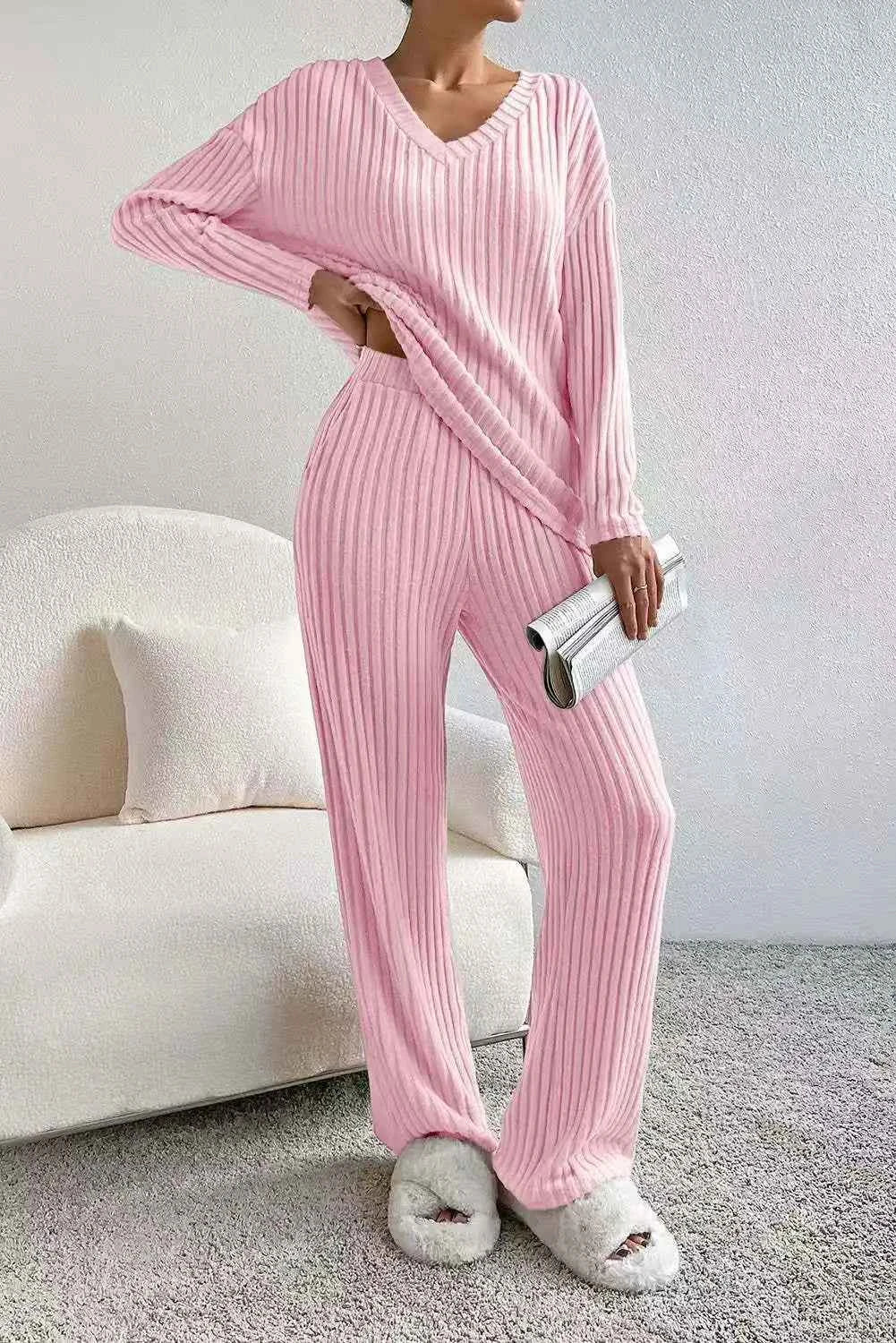 Fashionable Knitted Two-Piece Set Casual V-Neck Long Pants Autumn Winter New Style Loose Fit Korean Style Comfortable Polyester