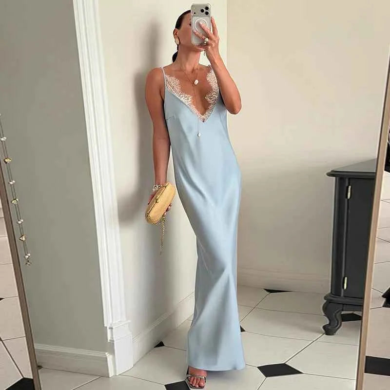 Elegant Lace Satin Spliced Women's Summer Dress Loose V-neck Sleeveless Backless Long Sundress 2026 Lady Chic Beach Party Robes